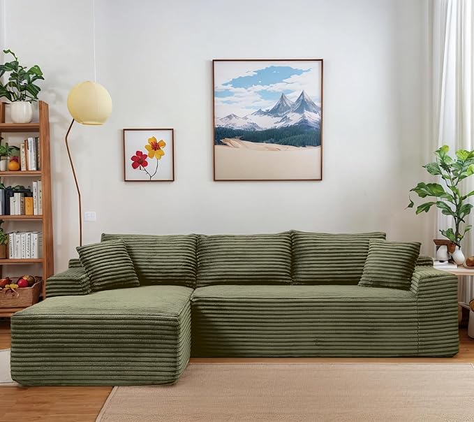 108 Cloud Modular Sectional Couch Modern Boneless Couch with L-Shape Chaise Deep Seat Sectional Sofa Corduroy Corner Couches for Living RoomNo Assembly Required (Green Left Facing Chaise)