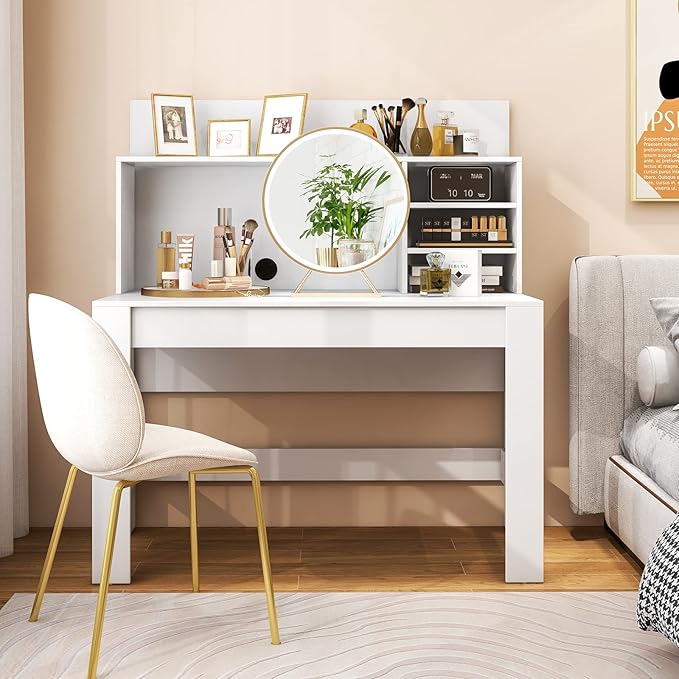 Giantex White Desk with Hutch Home Office Desk with Bookshelf Computer Workstation PC Laptop Table with Anti-Toppling Device &amp Cable Hole Modern Study Writing Desk for Small Spaces Bedroom