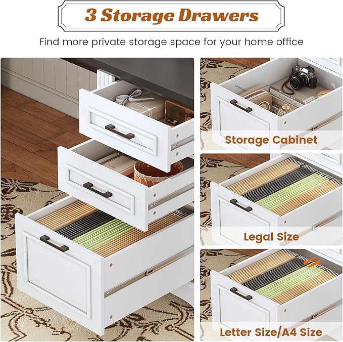 SEDETA Office Desk with 3 Drawers 55 Executive Computer Desk with Storage Drawers Farmhouse Desk with Power Outlet for Home Office White
