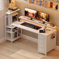 59 Inch Gaming Desk with LED Lights and Power Outlets Computer Desk with Storage Shelves Fabric Drawers Monitor Stand &amp Side Hook Reversible Gamer Table for Home Office Carbon Fiber White