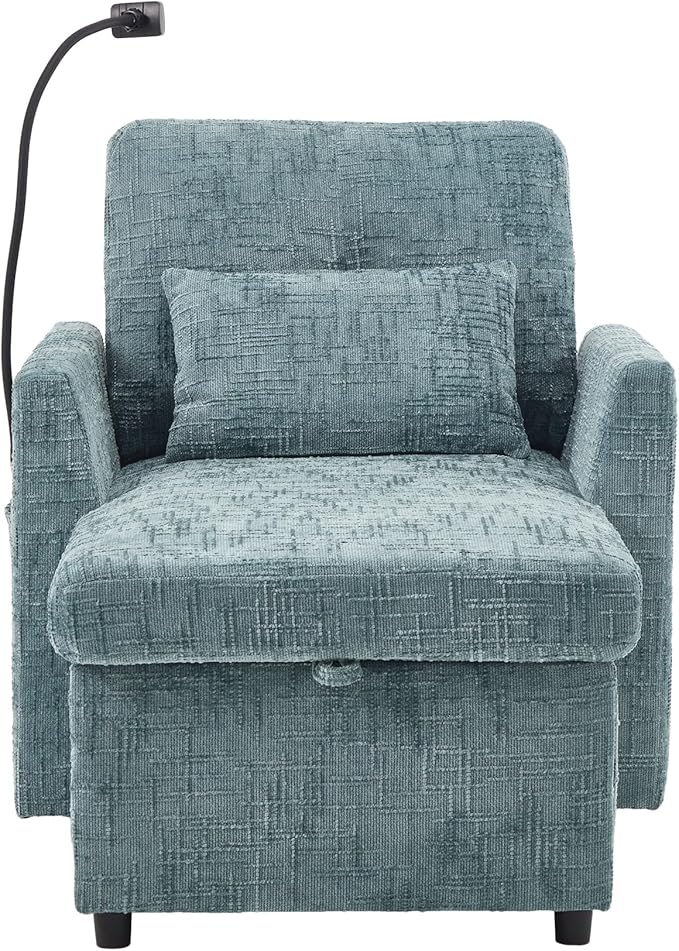 32 Comfy Chaise Lounge Sofa Bed Chair with Storage Side Pockets Phone Holder &amp 2 Pillows Modern Chenille Upholstered Sleeper Sofa Leisure Chair for Living Room Bedroom Small Spaces (Lake Blue)