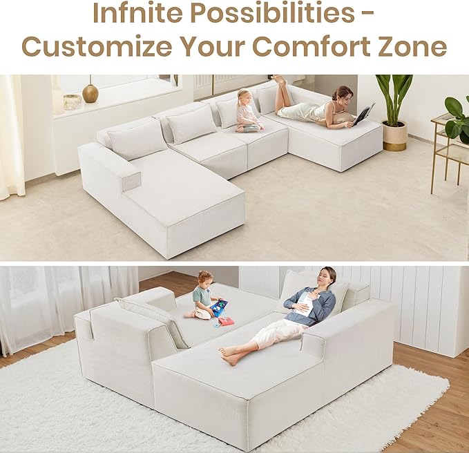140 Modular Sectional Sofa U-Shaped Cloud Couch with Extra Long Chaise Lounge Oversized Chenille Boneless Sofa Set for Living Room Comfy Floor Seating No Assembly Required