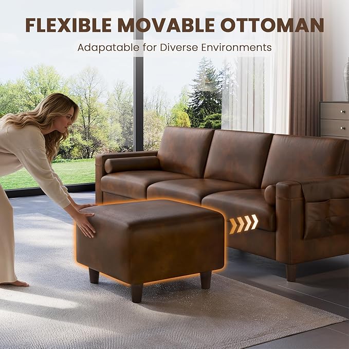 Vesgantti 100 L Shaped PU Faux Leather Sofa with Movable Ottoman 3 Seater Leather Sectional Couch with Side Pocket Comfy Modern Modular Couch for Living Room Apartment Cocoa