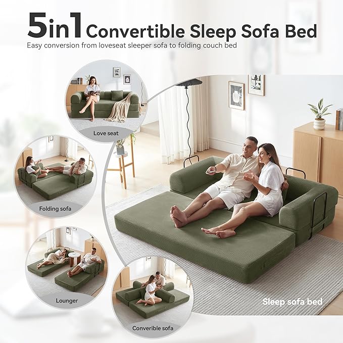 Sleeper Sofa Comfy Convertible Folding Couch-Futon-Corduroy Fabric Sleeper Sofa Bed with 2 Pillow Removable Soft Cushion for Small Living Room Dorm/Bedroom/College/Office (Light Green)