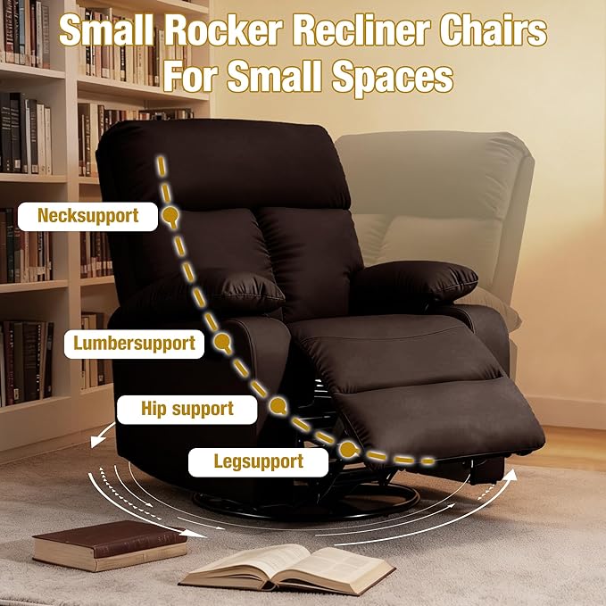 Rocking Recliner 360° Swivel Recliner Chairs for Adults Small Rocker Recliners for Small Spaces Living Room Bedroom Nursery RV Brown