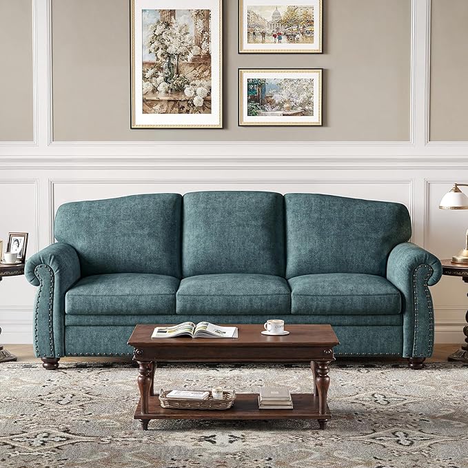 ONBRILL 90 Inch Rolled Arm Sofa for Living Room Deep Seat Nailhead Trim Couch Comfy 3 Seater Chenille Couch w/Wooden Leg Springs Seat Cushion Large Traditional Sofa for Farmhouse Blue