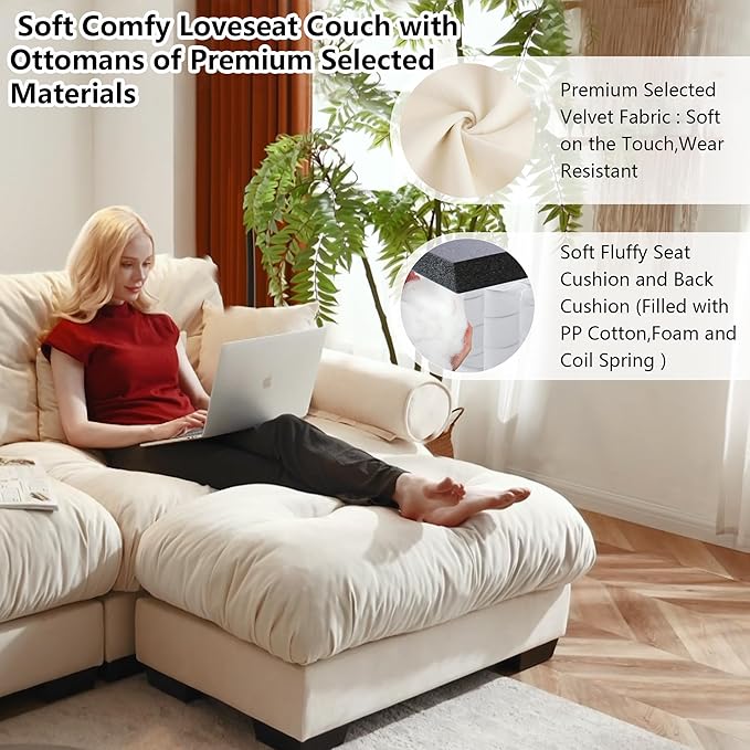 Aoowow Oversized 3 Seater Cloud Sofa Couch with Ottoman for Living RoomVelvet Large L-Shaped 3 Seat Cloud Sofas Deep SeatModern Modular Sectional Sleeper CouchesTufted