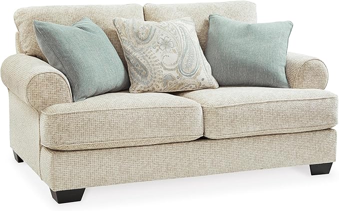 Signature Design by Ashley Monaghan Vintage Loveseat with Accent Pillows Reversible Cushions and Rolled Arms Beige