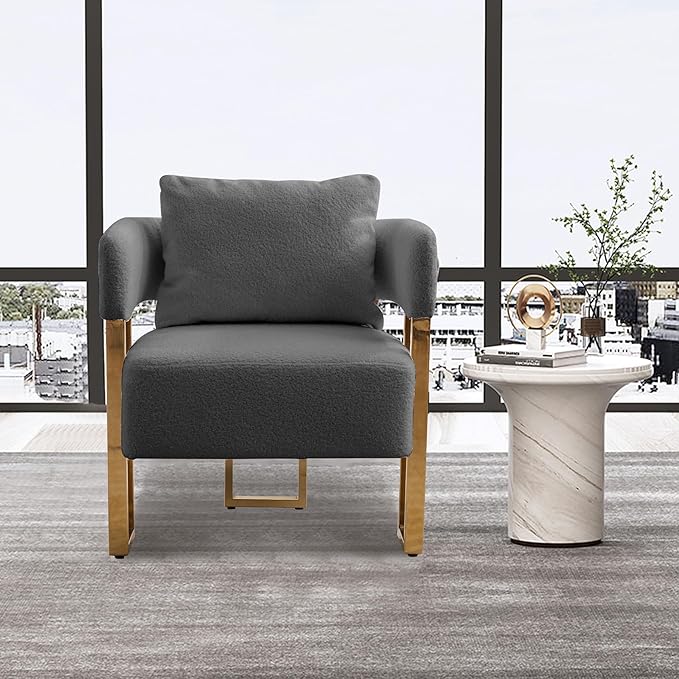 TS Modern Decorative Chair Living Room Side Chair with Gold Metal Legs no Wheels Suitable for Dressing Area Reception Room OfficeTeddy Fleece upholstered Metal Foot Sofa 1PC Grey