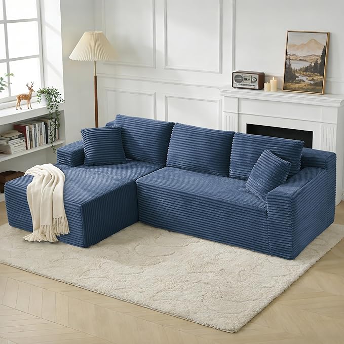 KIVENJAJA 103” Corduroy Boneless Couch L-Shaped Sectional Sofa with Left Facing Chaise Cloud Compression Couches for Living Room Apartment Home Office No Assembly Required Navy Blue