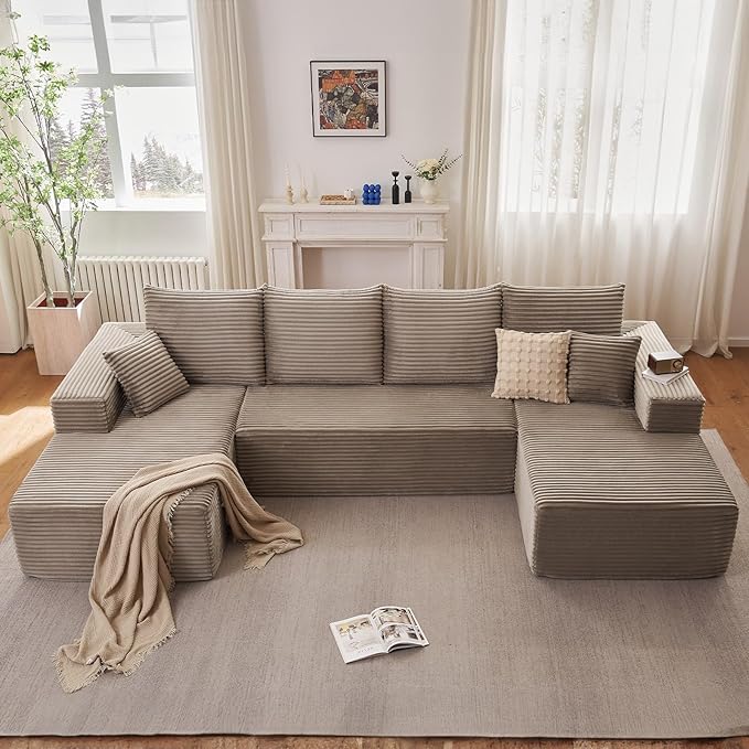 134.2 Modular Sectional Sofa Modern Corduroy Cloud Couch with Deep Seat Boneless Couch Upholstered 4-Seater U-Shaped Sofa for Living Room No Assembly Required (Camel)