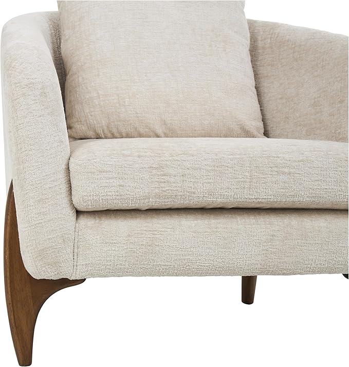 Deco 79 Polyester Living Room Accent Chair Rounded Boucle Side Chair with Brown Wooden Legs and Matching Pillow Corner Chair 32 x 32 x 31 White