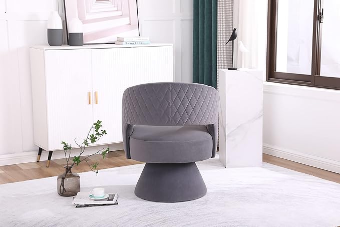 Velvet 360-Degree Swivel Round Barrel Chair with Quiet Swivel Base Deep Seat &amp Curvaceous Design and Sturdy Wooden Frame Comfortable Armchair for Living Room Grey