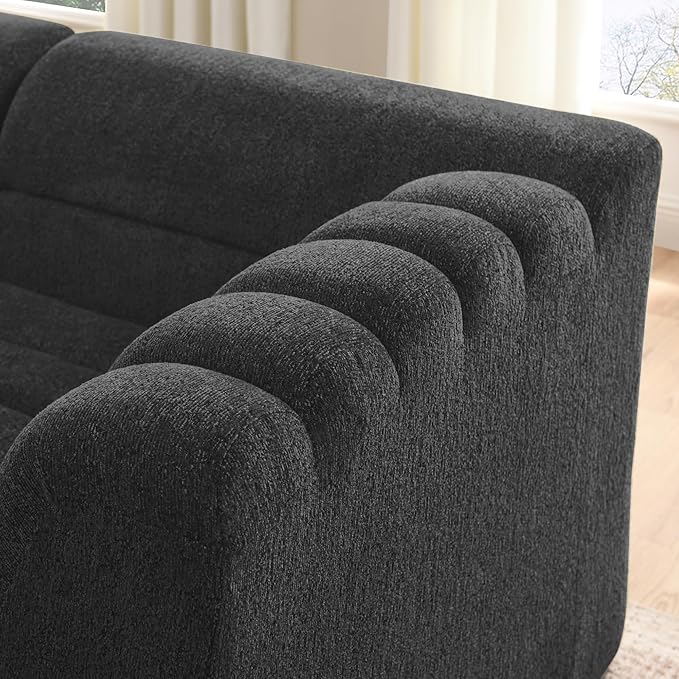 KEIKI 106 L-Shaped Chenille Modular Sectional Sofa with Chaise &amp Wave-Shaped Armrest Upholstered Boneless 3-Seater Couch with Memory Foam Cushion No Assembly Required for Living Room Black
