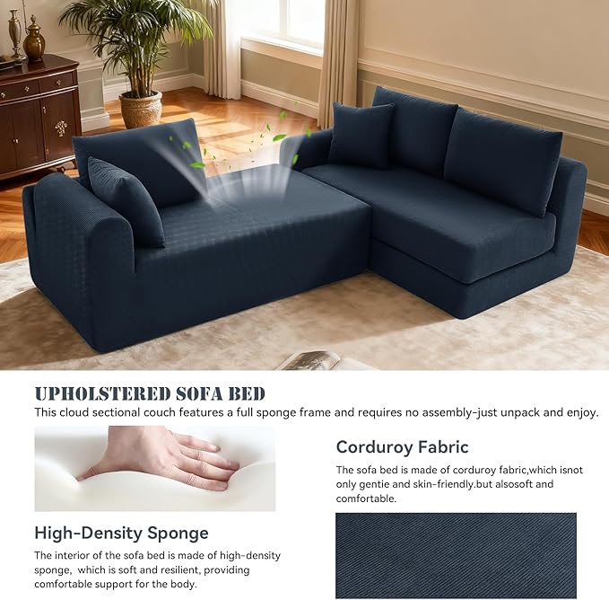 103 Modular Sectional Sofa Couch with ChaiseFolding L-Shape Sofa Bed with Deep SeatCorduroy Convertible Couch BedCompression Cloud Boneless Couches for Living Room(Navy BlueRight Facing Chaise)