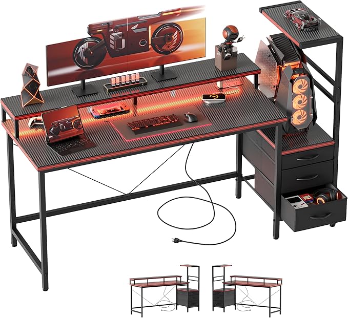 Mericonia Gaming Desk with Power Outlets &amp LED Lights Reversible Computer Desk with PC Case Stand Fabric Drawers Modern Office Desk with Shelves Monitor Stand