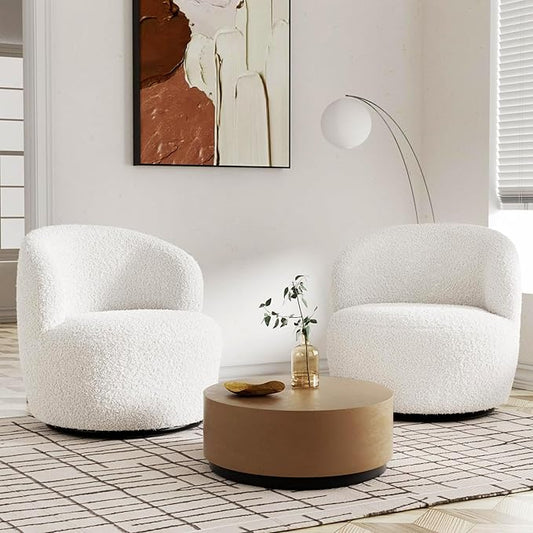 Swivel Accent Chair Set of 2 360° Small Round Barrel Chairs Modern Cozy Sherpa Padded Armchair for Living Room Bedroom Waiting Room Office White