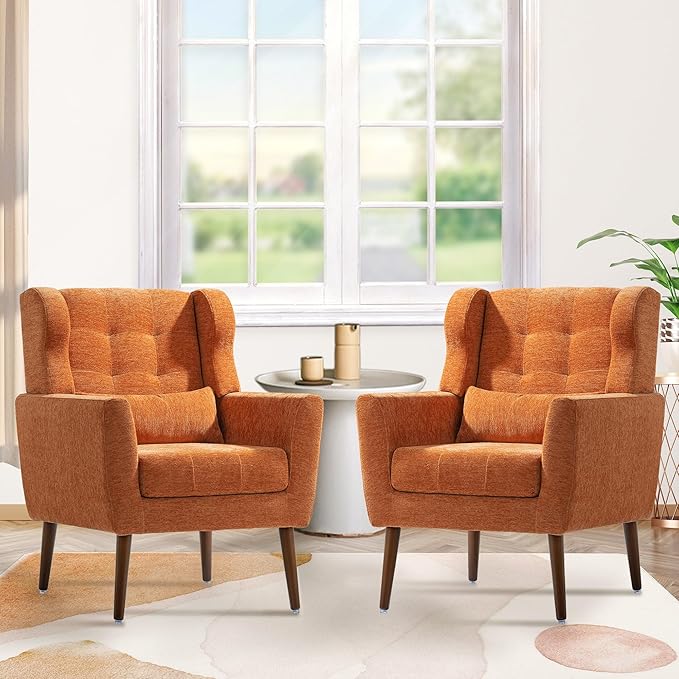 Accent Chair Set of 2 Upholstered Armchair with Pillow Fabric Single Sofa Chair with Lounge Seat and Wood Legs Accent Chair for Living Room Small Spaces (Orange Set of 2)