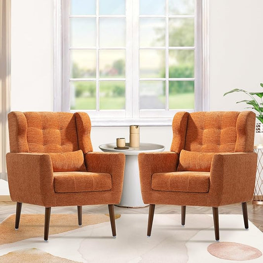 Accent Chair Set of 2 Upholstered Armchair with Pillow Fabric Single Sofa Chair with Lounge Seat and Wood Legs Accent Chair for Living Room Small Spaces (Orange Set of 2)