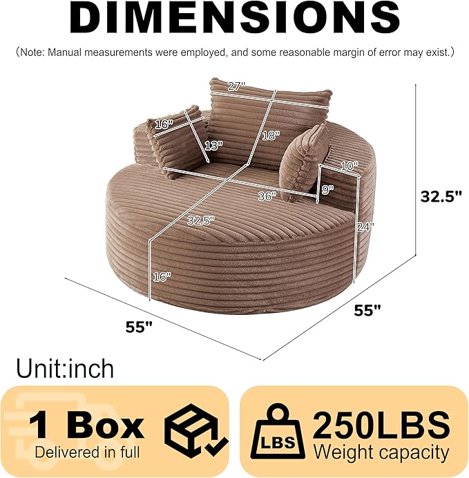 55 Oversized Round Chair Cozy Corduroy Upholstered Circle Round Sofa Deep Seat Accent Chair for Living Room Bedroom &amp Reading No Assembly Required Brown