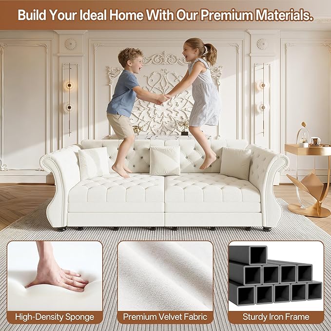 97.6'' Sleeper Sofa Bed King Size Flower Tufted Pull Out Couch Velvet Chesterfield Futon Couches Modern 4 Seater Convertible Sofa 3 Pillows for Living Room Apartment Offices Beige