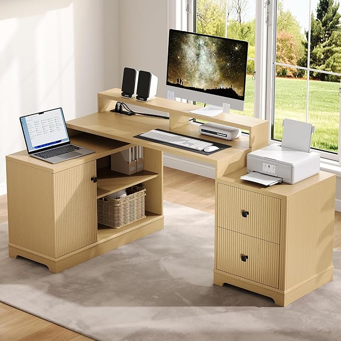 67 L Shaped Executive Desk with Drawers &amp Storage Shelf Corner Computer Desk with Power Outlets Home Office Desk with Monitor Stand Printer Shelf Computer Writing Desk for Work Oak