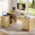 67 L Shaped Executive Desk with Drawers &amp Storage Shelf Corner Computer Desk with Power Outlets Home Office Desk with Monitor Stand Printer Shelf Computer Writing Desk for Work Oak