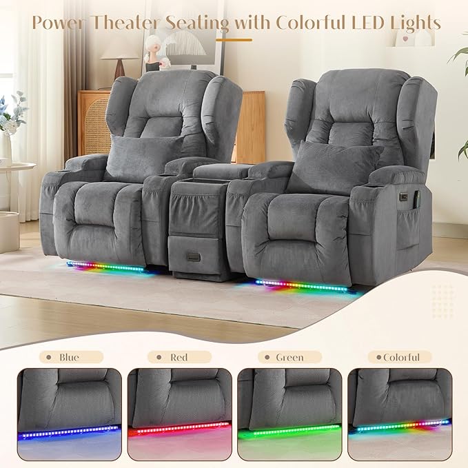 Wall Hugger Power Recliner Chair with Massage &amp Heat Electric Home Theater Reclining Chair with Cup Holder USB Port LED Light Linen Living Room Chair (Grey Single)