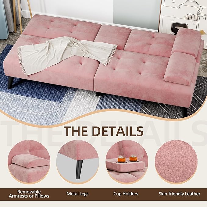Shintenchi Futon Sofa Bed Velvet Foldable Couch Reclining Sleeper with Removable Armrests Upholstered Loveseat Sofa Couch with Folding Cup Holders for Home Office Pink