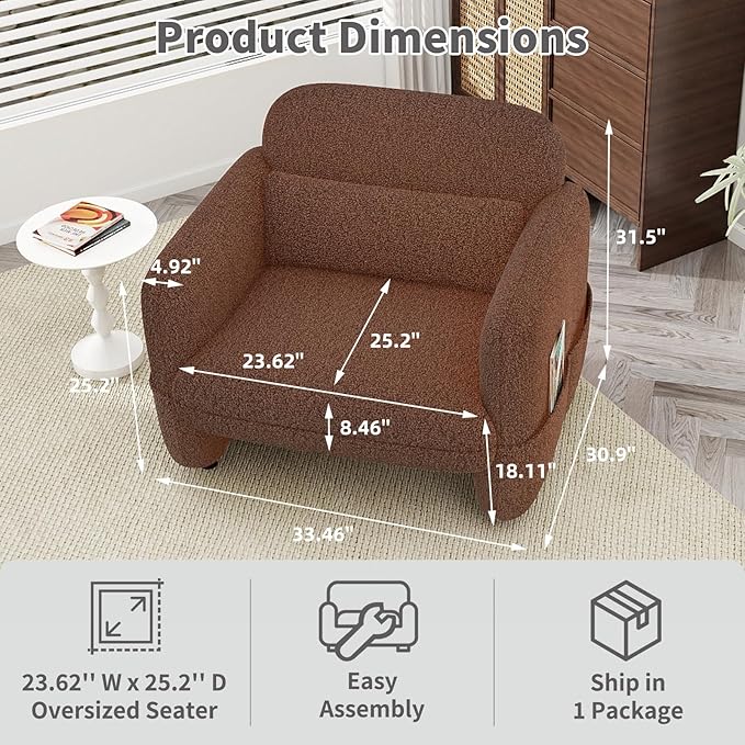 33.46 Accent Chairs Set of 2 Comfy Living Room Reading Chairs Oversized Sherpa Lamb Lounge arm Chair with Waist Pillow for Bedroom and Living Room (Dark Brown)
