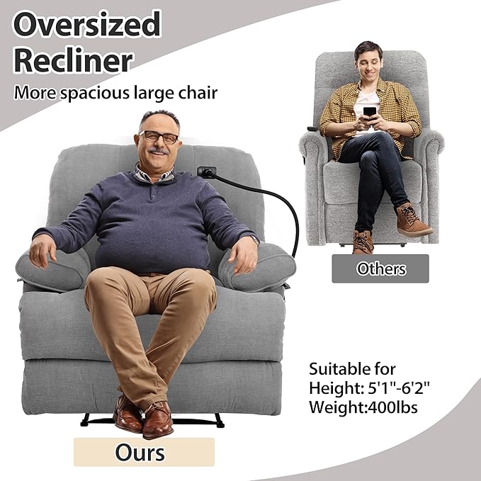 Oversized Recliner Chairs with Phone Holder Large Recliner Soft Fabric Overstuffed Big Man Recliner for Heavy Duty 400lbs Adults for Living Room Bedroom Nursery RV Grey