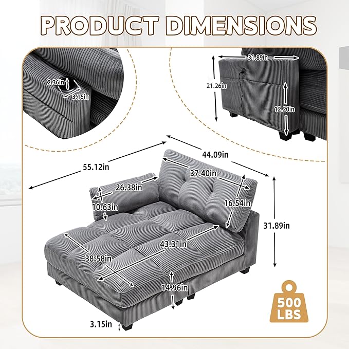 Oversized Lounge Chaise Convertible Sleeper Sofabed Corduroy Sleeper Daybed Indoor Recliner Chair Sofa Bed with Cupholders and Adjustable Headrests for Living Room Bedroom Reading Home Apartment