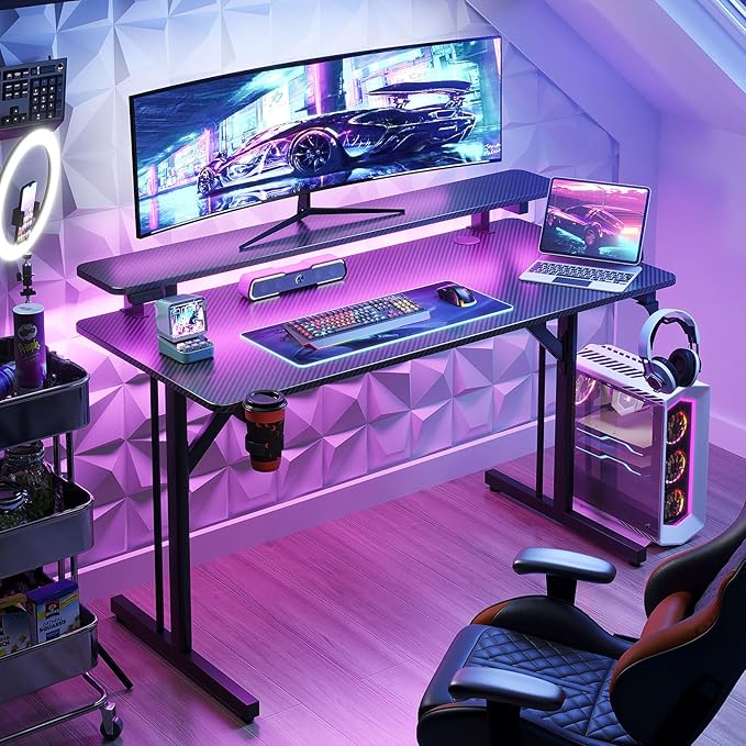 MOTPK 39 Inch Small Gaming Desk with LED Lights Computer Desk Gaming Table with Monitor Shelf Gamer Desk with Carbon Fiber Texture Kids Boys Desk Gift for Men