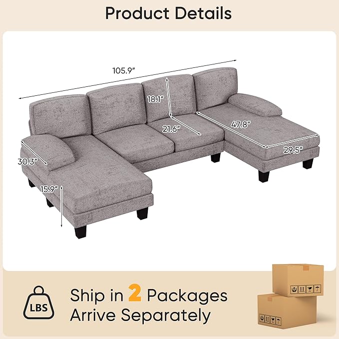 YESHOMY Sectional Couch for Living Room Modern Cloud Couch with Deep Seat and Chaise U-Shaped Sofa Couches with Padded Armrest for Small Apartment (Chenille Grey)