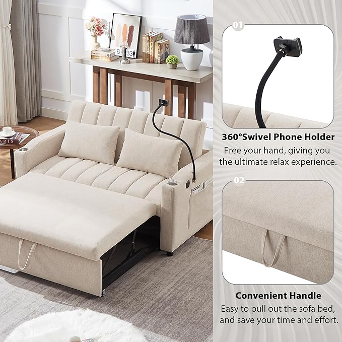 Pull Out Sofa Bed 55.9 Convertible Sofa Bed with 360°Swivel Phone Holderm Two Side Pockets Two Cup Holders 3 Level Adjustable Backrest Bella Fabric Loveseat Sofa (Beige * Loveseat90)