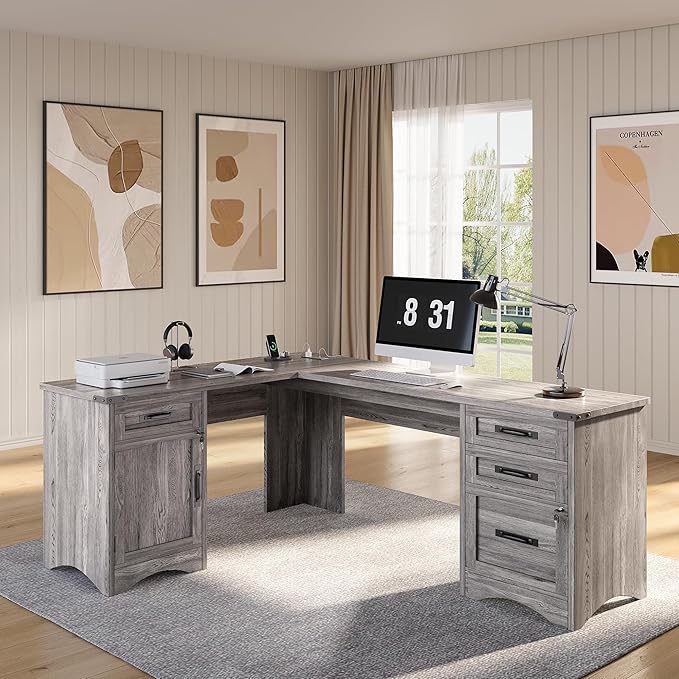 L Shaped Farmhouse Executive Desk with Drawers 67 Home Office Desks with Fast Charging Station Lockable File Cabinet Wood Writing Computer Desk for Work Study Grey