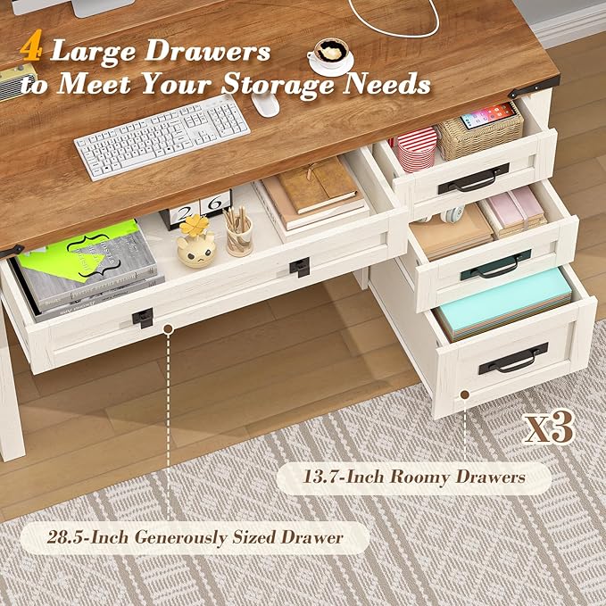 Farmhouse Executive Desk with Drawers 47 Computer Desk with Power Outlets Home Office Desk with Monitor Stand &amp 4 Drawers Small Desk Writing Study Table Antique White