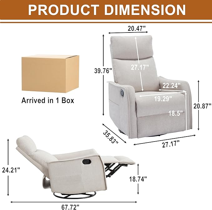 Manual 360° Swivel Rocker Recliner Chair for Adults Overstuffed Glider Chair for Nursery with Vibration Massage and Heat Comfy Soft Fabric Glider with Side Pockets for Living Room Beige