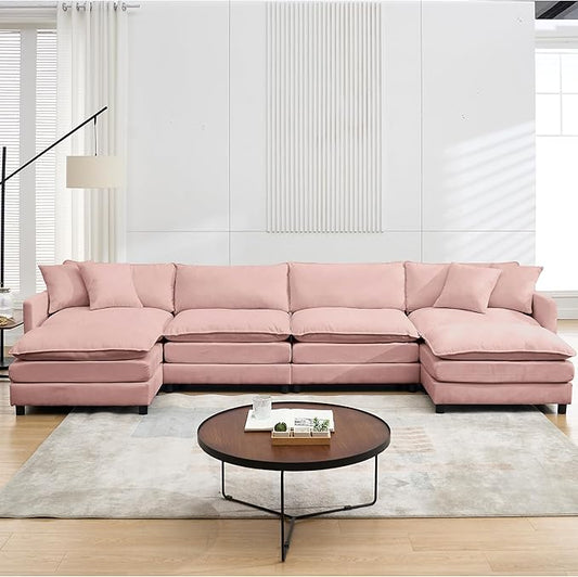 Oversized Modular Sectional SofaSofa Couch with Movable Ottoman Deep SeatSoft Chenille Corduroy Cloud Couches for Living Room ApartmentOffice (Pink 4+2 U)