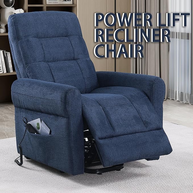 Power Lift Recliner Chair Electric Power Lift Recliner Chair for Elderly Single Seat Chenille Reclining Sofa with Side Pocket for Bedroom Living Room Office (Blue)
