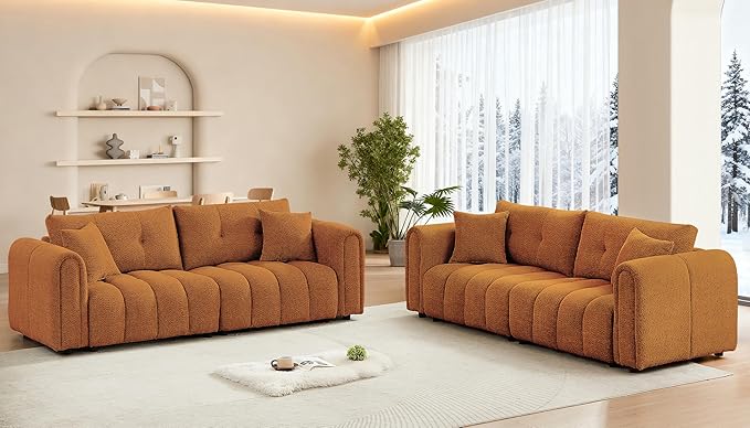 Mid Century Modern Boucle Sofas for Living Room 3 Seater Couch with Deep Seat Comfy Sherpa Cloud Couch Oversized Loveseat for Apartment Bedroom Home Office 91.5 Inch Burnt Orange
