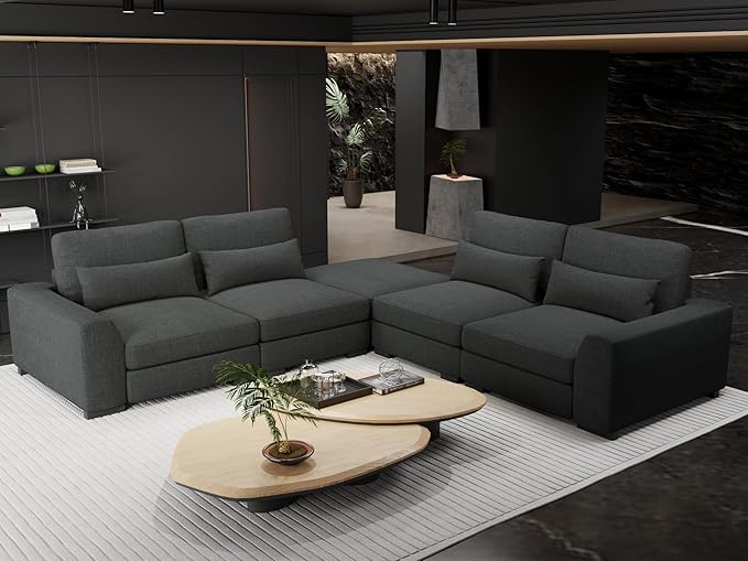 Sectional Couches for Living Room - Large Modular 5 Seat Sectional Couch-Velvet Linen with Storage Deep Seat Sofa-Convertible Sofa for Large Living Rooms-with ChaiseWashable Covers-Dark Gray