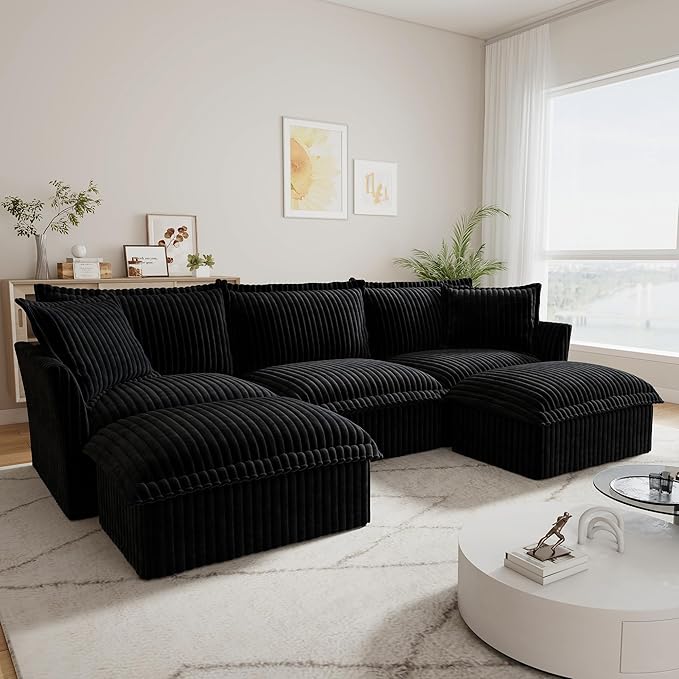 120 Inch 3-Seater Oversized Sectional Sofa with 2 Ottomans - Wide Deep Seat Removable Washable Corduroy Fabric for Living RoomBlack