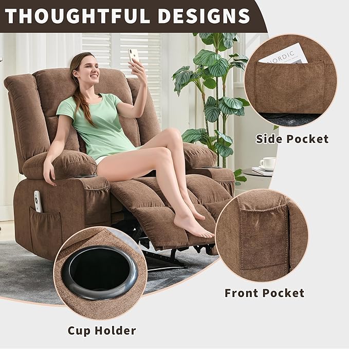 GarveeHome Manual Recliner Chair with Heat Massage - Widen Overstuffed Oversize Single Sofa Lounge Chair for Big &amp Tall People with Remote Control 3 Recline Positions 2 Cup Holders Side Pockets