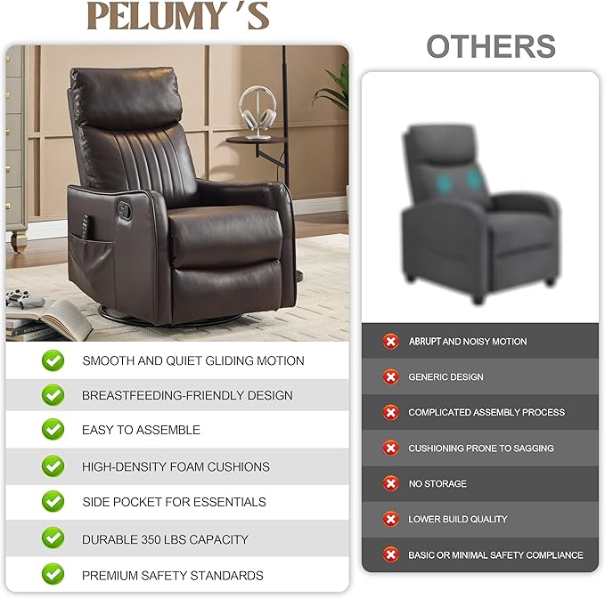 PELUMY 360 Swivel Rocking Recliner Chair for Adults Nursery Rocking Chair with Heat and Massage Glider Reclining Chair for Small Space Living Room Bedroom (Breathable Leather Dark Brown)