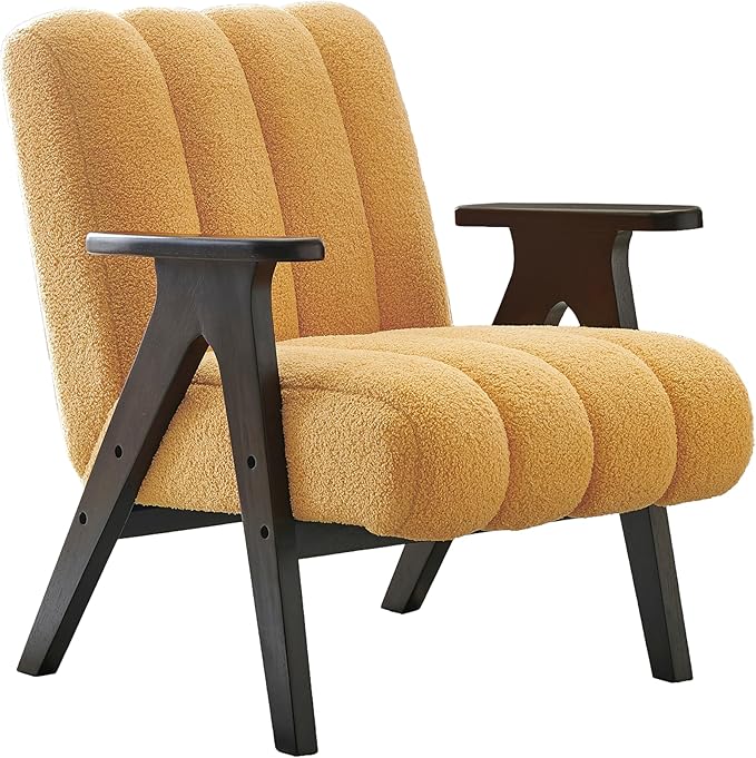 Roundhill Furniture Rella Modern Teddy Sherpa Accent Chair with Espresso Wood Frame Yellow