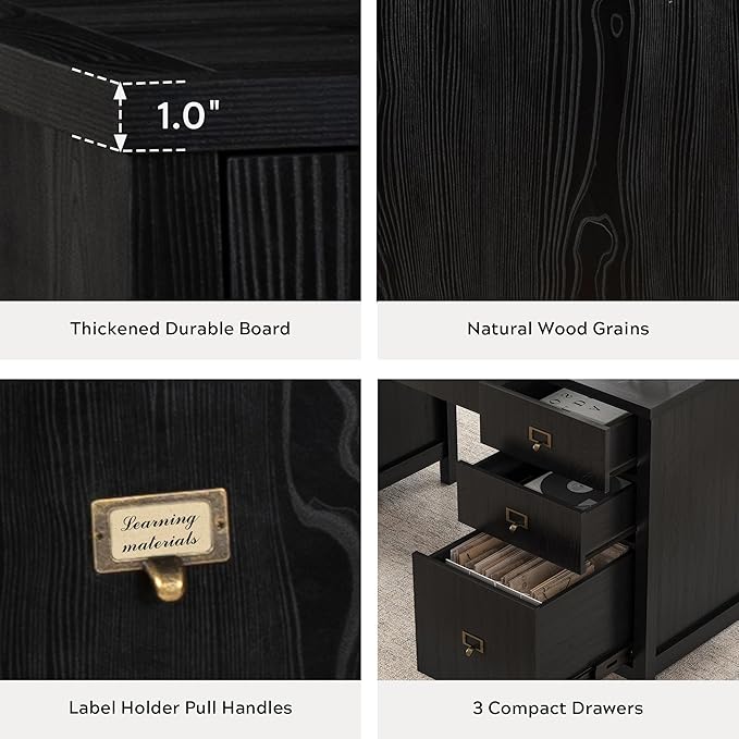 59 Executive Desk with File Drawers Cabinet Modern Computer Desk with Charging Station Keyboard Tray Large Home Office Desk Farmhouse Wood Desk for Study Writing Black