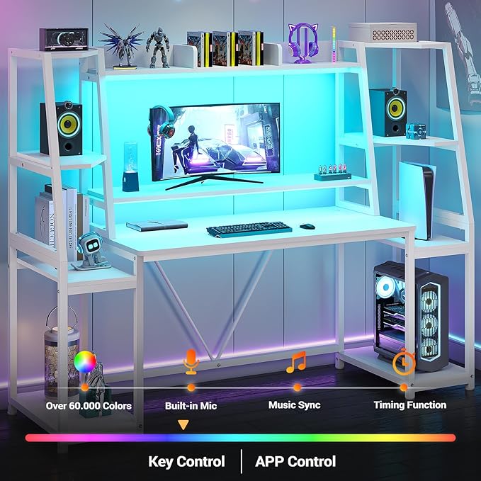 SEDETA White Gaming Desk 65.7'' with LED Lights Hutch and Storage Shelves Computer Desk with Monitor Stand Large PC Gamer Desk Workstation Ergonomic Gaming Table for Bedroom Living Room