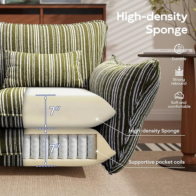 Chenille Accent Chair with Lumbar Pillow Green Stripe Wide Armrests Deep Seat 7 Inch High-Density Foam 350 lbs Capacity