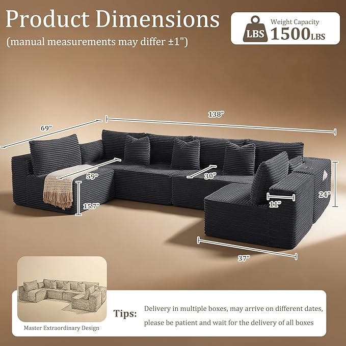 138 Cloud Sectional Couch Comfort U Shaped Sofa for Living Room Extra Deep Seats No Assembly Minimalist Modular Couch Corduroy (Dark Grey 6 SeatsU-Shape B)